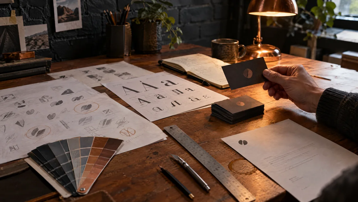 A hand holding a dark business card with a copper mark over a wooden desk of logo sketches, colour swatches, a typeface specimen and letterhead