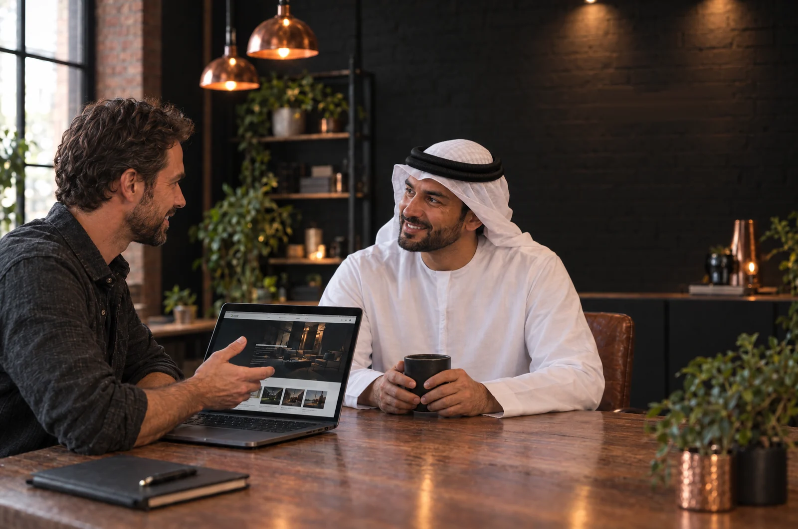 A consultant and an Emirati client in a white kandura and ghutra smiling at each other across a wooden table, talking over a laptop in a studio with a black brick wall behind them