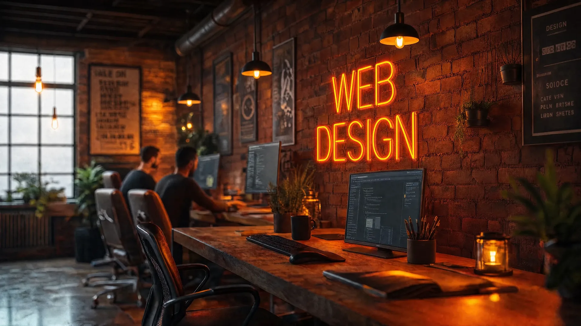 A creative studio with a glowing neon “Web Design” sign on a brick wall, where designers work at their desks