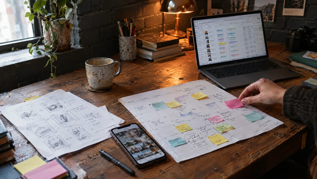 A hand placing a sticky note on a social media content calendar on a wooden desk, with sketched post layouts, a phone showing a photo feed and a laptop with a posting schedule