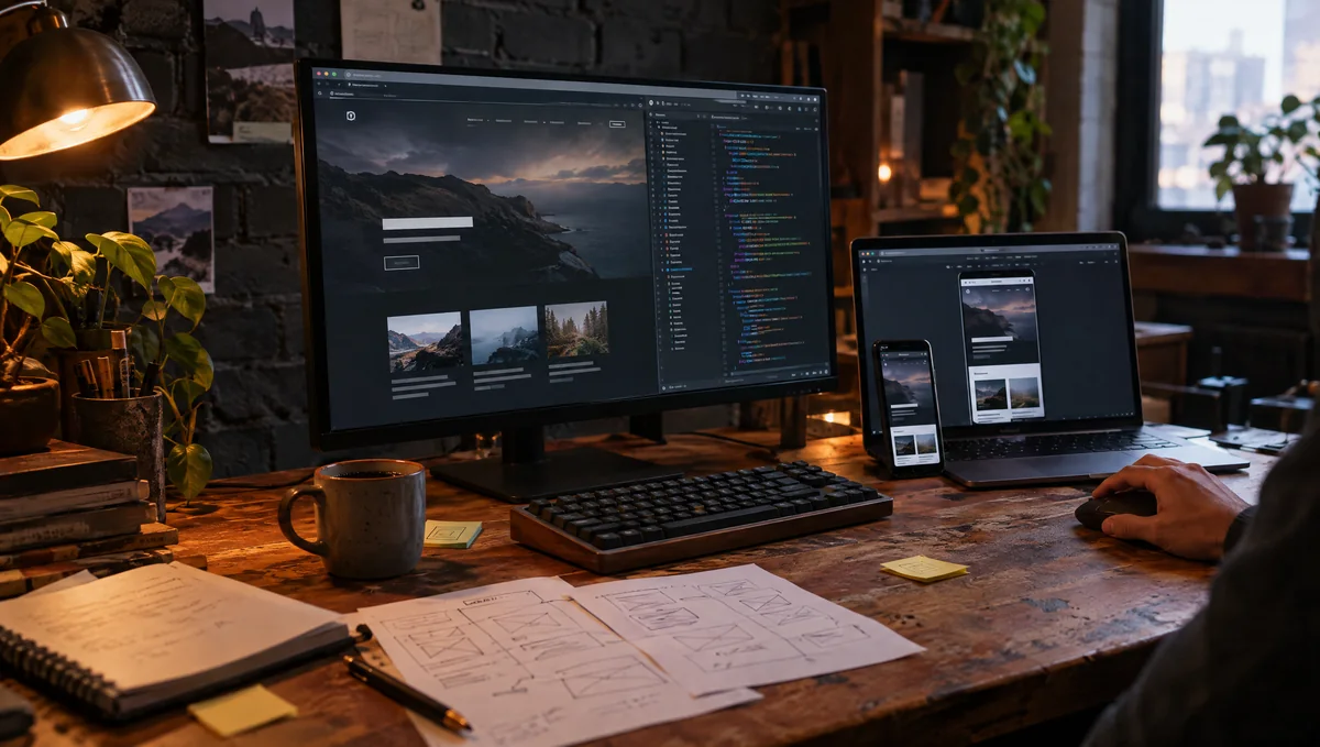 A web designer working at a wooden desk with a monitor showing a website and its code, a laptop and phone showing the mobile version, and hand-drawn wireframes